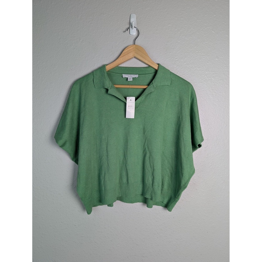Ann‎ Taylor Weekend Pullover Womens XS Green V-Neck Oversized Lightweight